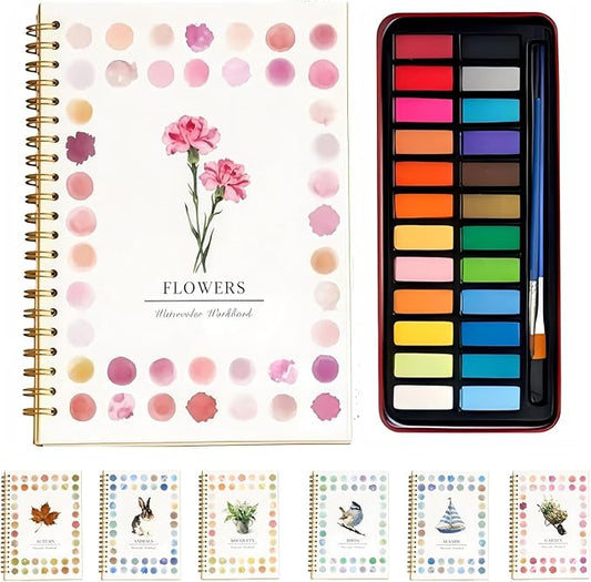 Watercolor Workbook - Coloring Book Beginner Friendly Painting Kit, Watercolor Workbooks for Adults with 24 Colors Paint, Exploration Gift for Adults Teens (Rose)