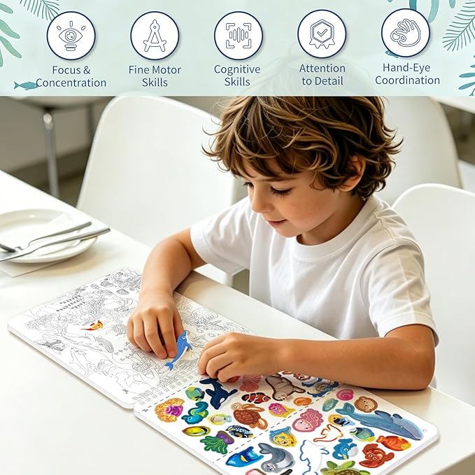 Elfew Search and Find Sticker Book for Kids Ages 3-8, Dinosaur and Ocean Animal Sticker Activity Book for Kids with 20 Theme, Over 400+ Stickers, Toddler Educational Travel Toys