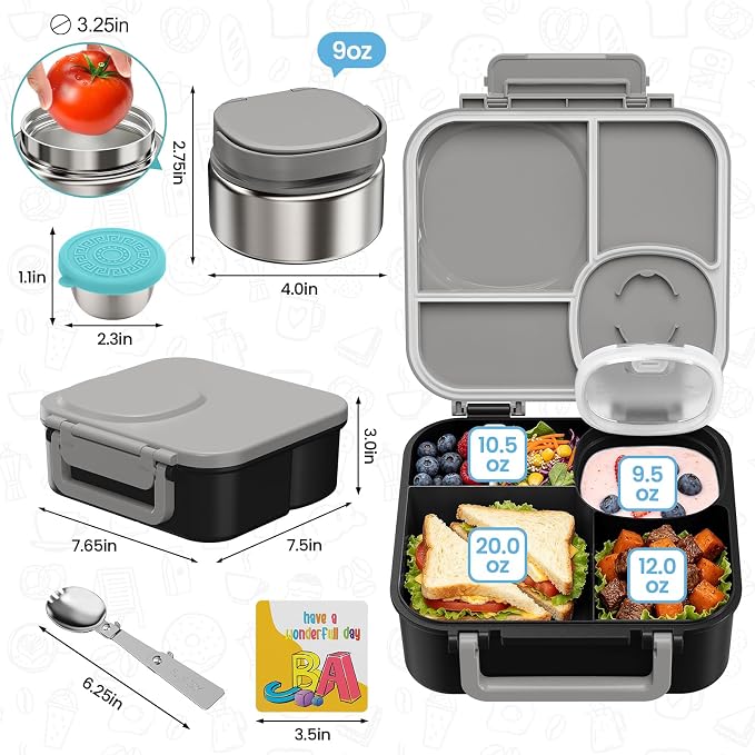 wiwens Kids Bento Lunch Box with Soup Thermo Food Lunch Container for Kid | 4 Compartment Leak-Proof Kids Lunch Box,9oz Stainless Steel Insulated Hot Food Jar,for Boys Girls Toddler to School Travel
