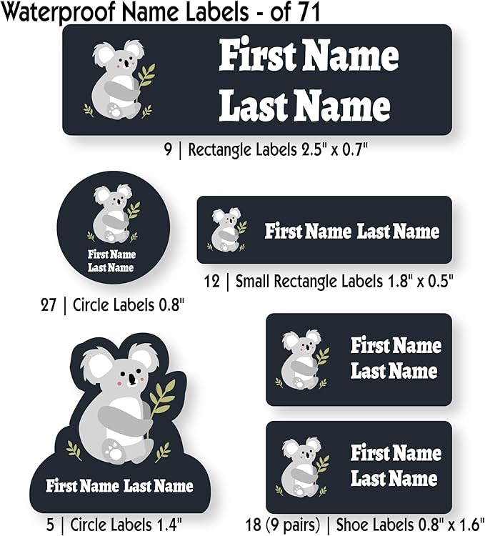 Personalized Kids Name Labels – Waterproof Custom Stickers for Daycare & School, Dishwasher & Laundry Safe (Koala - Black)