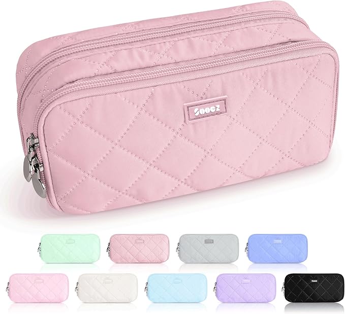 Sooez Large Pencil Case Pouch, Extra Big Pencil Bag with 8 Compartments, Pen Bag Wide Opening, Soft Quilted Pencil Pouch Organizer with Zipper, Portable Pencil Case for Teen Girls, Blush