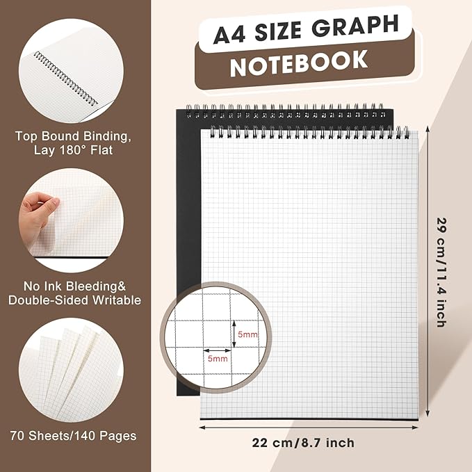 Engrowtic 12 Pack Top Spiral Graph Paper Notebooks 8.7 X11.4 Inch A4 Grid Paper Notepad 70 Sheet Memo Steno Pad for Engineering Writing Sketching Drawing School Office Supplies (Black)