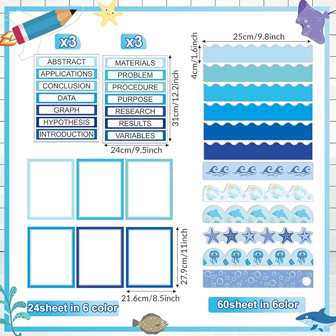 Fuyoooo 90 Pcs Science Fair Board Supplies 60 Trim Scalloped Bulletin Borders 24 Presentation Board Subtitles 6 Science Fair Titles for Classroom Display Boards (Ocean)