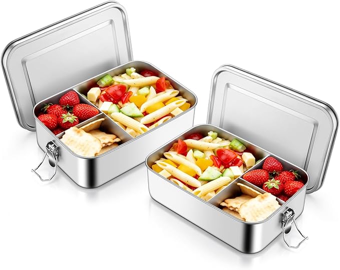 TeamFar 2 Pack Stainless Steel Bento Box, 47oz Metal Lunch Box with 3 Compartments for Adults/Kids, Lunch Food Containers for School/Work/Meal Prep, Leak-Proof & Dishwasher Safe, 1400ML
