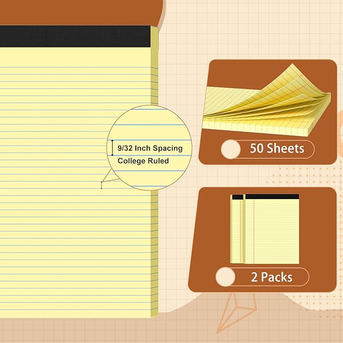 Glyanlee Legal Pads 8.5 X11, College Ruled Notepads, 2 Pack, 50 Sheet/Pad, Yellow Legal Pads, Tear Off Notepad, Perforated Writing Pad, Notebook Paper, Notepads For Office Home School, Notepad