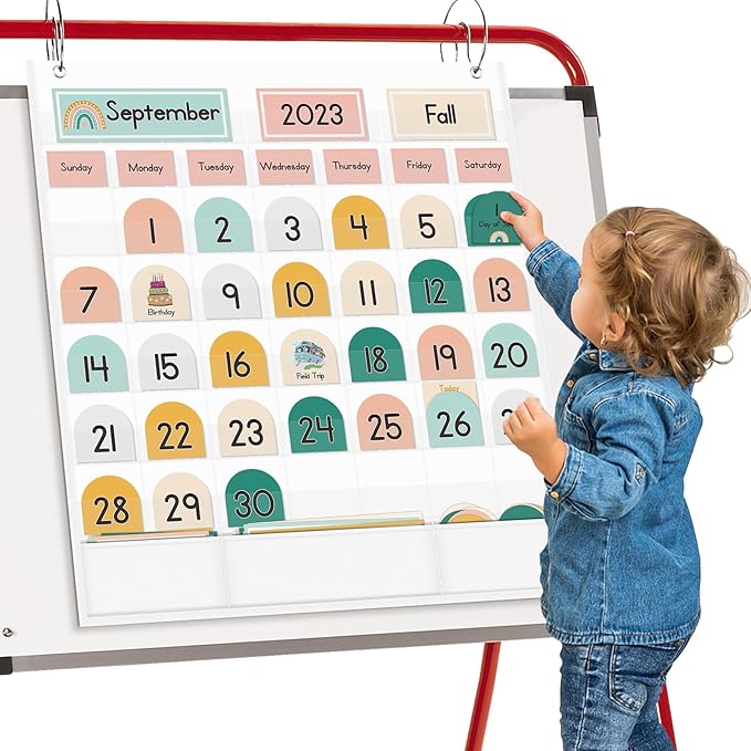 Eamay Boho Calendar Pocket Chart with 90 Cards for Kids Learning,Classroom and Home School Décor,White