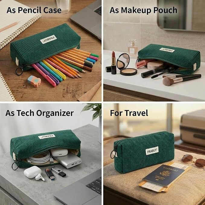 Soft Corduroy Pencil Case Pen Pouch Organizer, Small Stationery Bag | Cute dark green pencil pouch, smooth zipper, daily cosmetics holder, compact organizer for school teen girls, women
