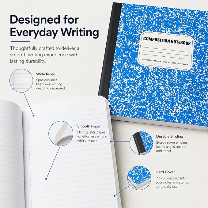 CLEENTABLE Composition Notebook 12 Pack, Wide Ruled Paper, Marble Cover Notebooks for School, 9.75 x 7.5 Inches, 100 Sheets (200 Pages), Sewn Binding Comp Books, Blue