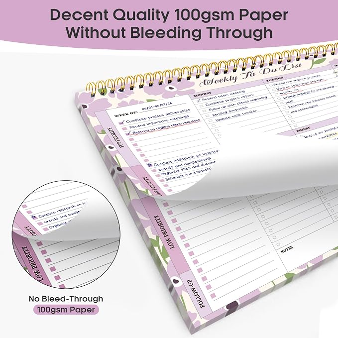 Weekly To Do List Notepad with 52 Undated Sheets（8.5"×11"）- Weekly Desk Planner for Women & Man, Work and Home - Lilac Whisper