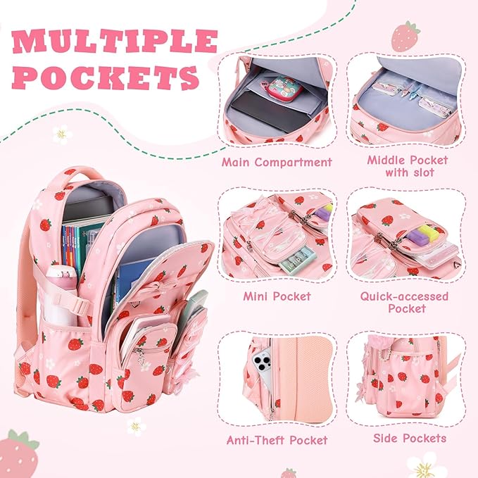 MOONBABY Kids Backpack for Girls, Fits 15.6 Inch Laptop Large Capacity School Bookbag, Girls Backpack with Lovely Pendant, Back to School Bag for Elementary Primary Students Teen Ages 6-12, Pink