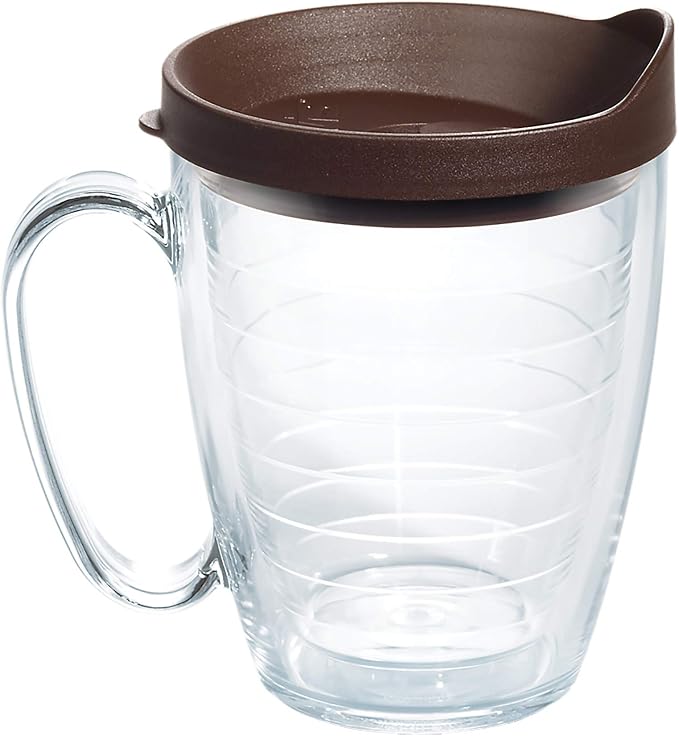 Tervis Clear & Colorful Lidded Made in USA Double Walled Insulated Tumbler Travel Cup Keeps Drinks Cold & Hot, 16oz Mug, Brown Lid