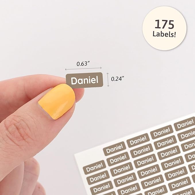 Mini Name Labels (175) - Custom Personalized Name Labels for Labeling Tiny Items, Washer and Dryer-Safe Waterproof Labels for Daycare, Preschool, and School - Brown