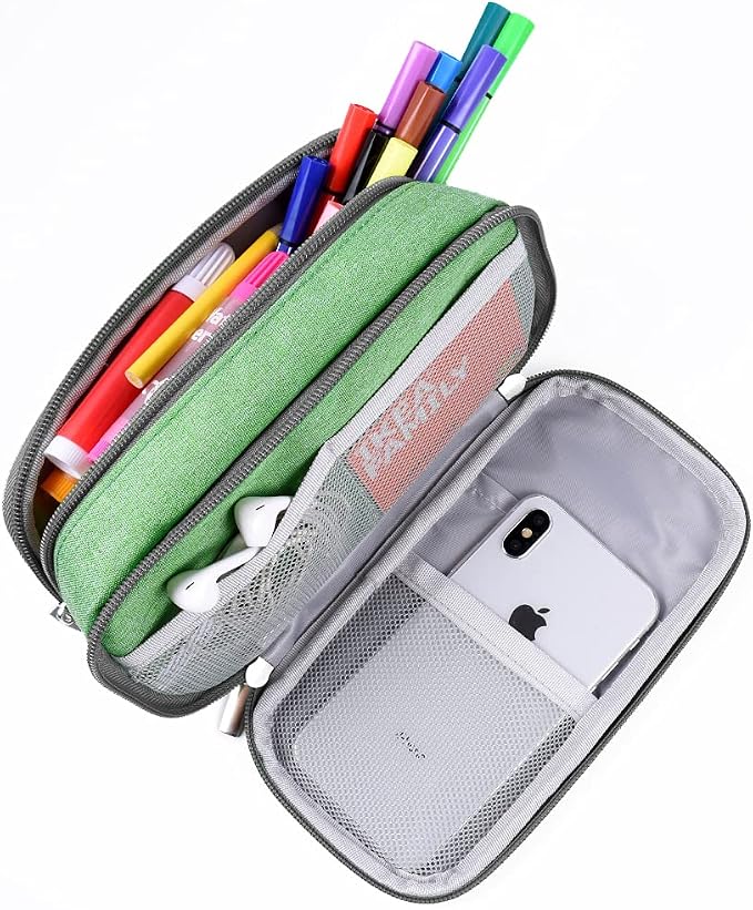 Big Pencil Case Large Capacity Pencil Bag Pouch Pencil Pen Case Holder Marker with 3 Compartments for Office Desk Supplies Organizer Storage Makeup Bag, Green