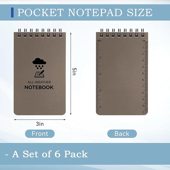 COIDEA 6 Pack Waterproof Notebook, 3 x 5 Pocket Notepad, Top-Spiral Weatherproof NotePad, All Weather Police Pocket Notebook Little Memo Steno Note Pads for Outdoor Office School Recording, Brown