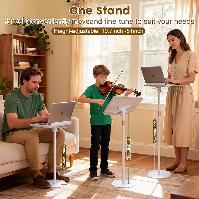 2 in 1 Dual-use Music Stand & Desktop Book Stand, Adjustable Height 16.5"-51", 100% Solid Wood Laptop Floor Stand Book Holder with Elastic Page Clips for Cookbooks, Sheet Music (White)