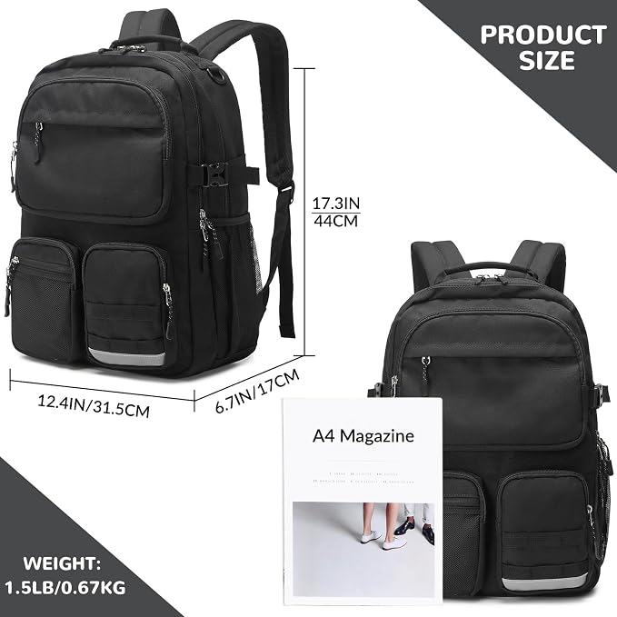 Lohol Water Resistant Backpack with Multifunctional Pockets for Teens, Durable Bookbag fits 15.6 inch Laptop for School Travel College, 25L (Black)