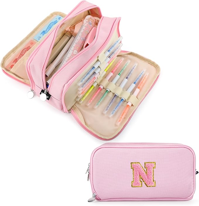 Extra Large Capacity Pencil Case 3 Compartment Initial Pencil Pouch Personalized Cute Aesthetic Stationery Pen Case Bag for School Teen Girl Boy Men Women Gift (N, Pink)