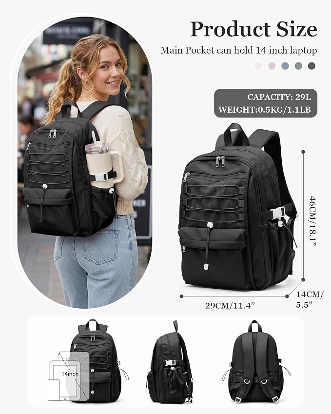suwasp College Backpack for Women, Waterproof Laptop Backpack Fits 15.6 Inch Laptop, School Bookbag with Water Bottle Pocket, Anti Theft Work Backpack for College, Travel, Commuter, Black