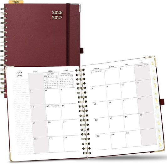 POPRUN Monthly Planner 2026-2027 Spiral Hardcover (8'' x 10''), 18 Months Calendar (Jan.2026-Jun.2027) - 2 Pages per Month with Dotted Note Pages, Sunday Start, Laminated Tab - Burgundy