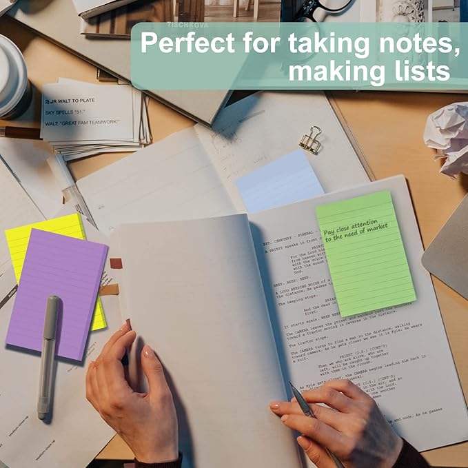 24 Pack Lined Sticky Notes 4X6 in, Self Sticky Note Pads with Lines, Large Sticky Note Memo Pad for Office, Home, School, Meeting, 50 Sheets/pad, Light Color