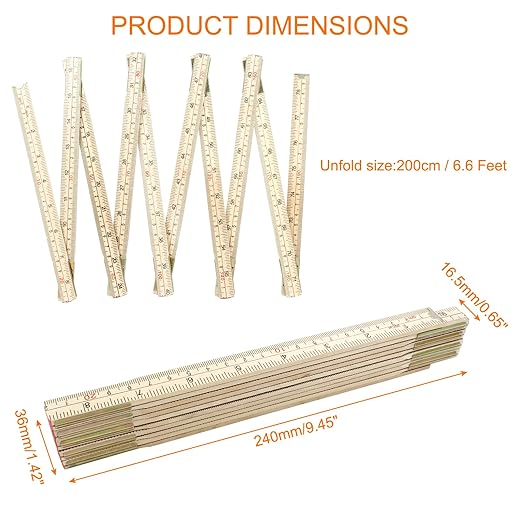 2 Pack Folding Wood Rulers, 6.6 Feet 2 Meters Wooden Foldable Ruler Double Sided with Inch and Metric Measurements for Carpenter Engineers Woodworking DIY Craft