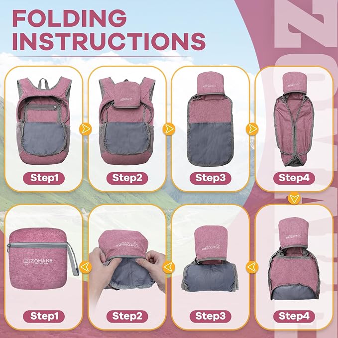 ZOMAKE Lightweight Packable Backpack, 10L Small Foldable Daypack for Hiking | Water Resistant Collapsible Backpacks for Women Men, Everyday Carry, Multi Compartment Storage, Adjustable Strap(Pink A1)
