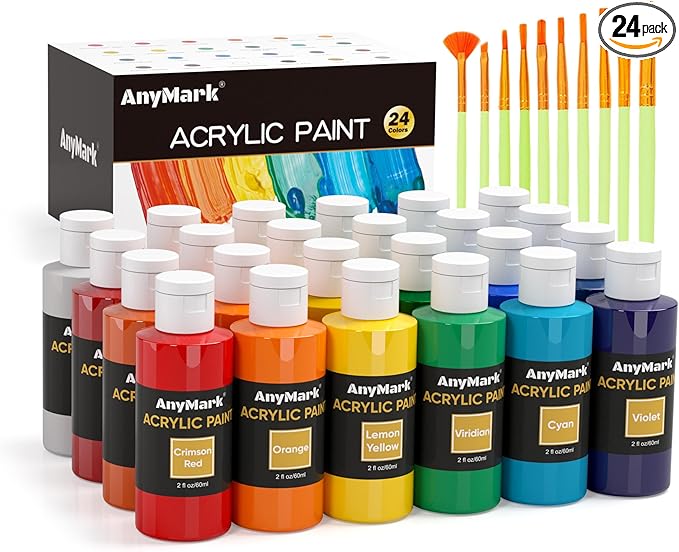 AnyMark Acrylic Paint Set, 24 Classic Colors with 10 Brushes, 2 fl oz/60ml Bottles, Art kit Painting Supplies for Adults Canvas, Rock, Wood
