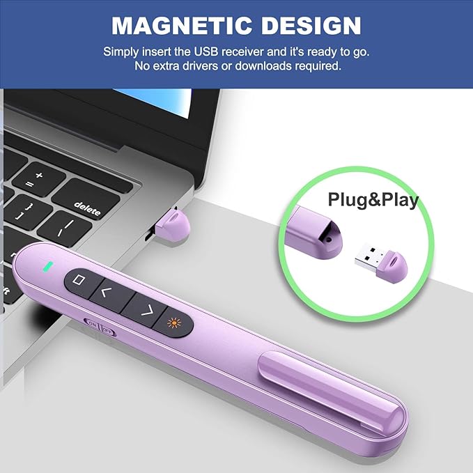QUI 2 Pack Presentation Clicker, Hyperlink Volume Control Wireless Presenter, RF 2.4GHz USB Presentation Remote Control,PowerPoint Clicker Slide Advancer for Computer, Laptop, Mac (USB, Purple)