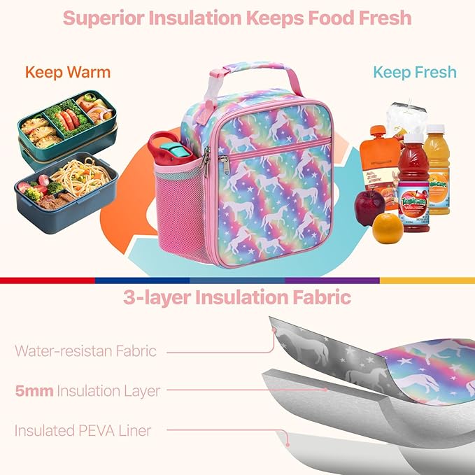 Bagseri Kids Lunch Box for Girls - Insulated Toddler Lunch Bag Fits Bento Box, Reusable Daycare Cooler Tote with Clip Handle, Water-Resistant Lining, Rainbow Unicorn