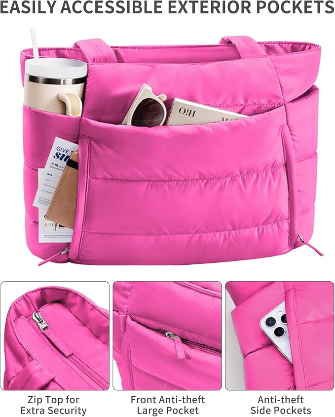 Bagstellar Puffer Tote Bag for Women, Lightweight Puffy Work Handbag Teacher Nurse Quilted Shoulder Bag for School Travel Gym | Cloud Bag w/ Zipper