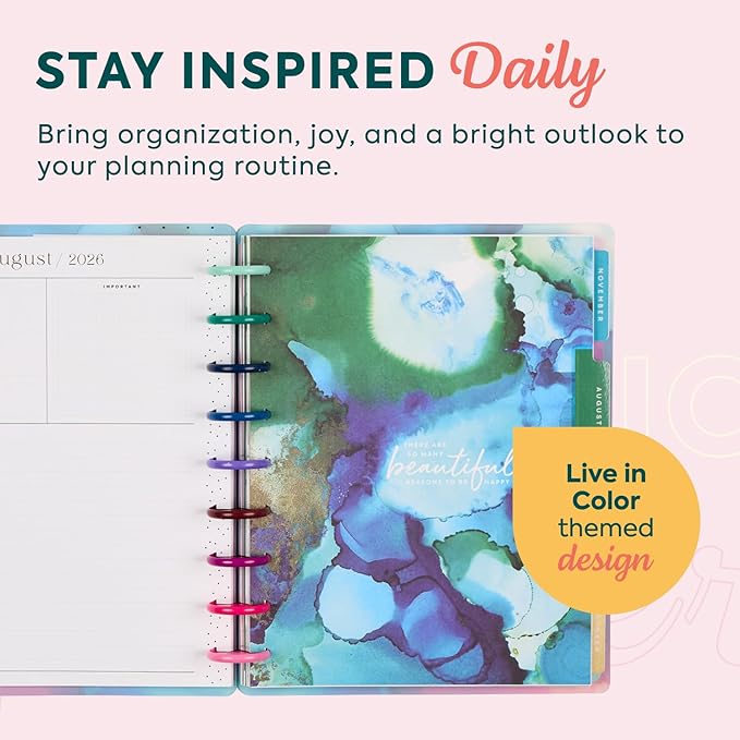 Happy Planner Disc-Bound Planner July 2026–June 2027, Includes 3 Extra Months and 2 Sticker Sheets, Classic Size, 7" x 9.25", Horizontal Layout, Live in Color