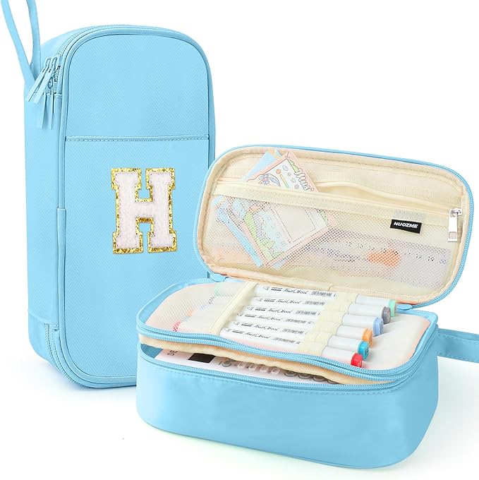 Large Pencil Case,Big Capacity Pencil Pouch,Personalized Initial Pencil Bag with smooth zipper,Multiple Pockets,Cute Aesthetic Stationery Pen Case Bag for Teen Girls College (Blue, H)