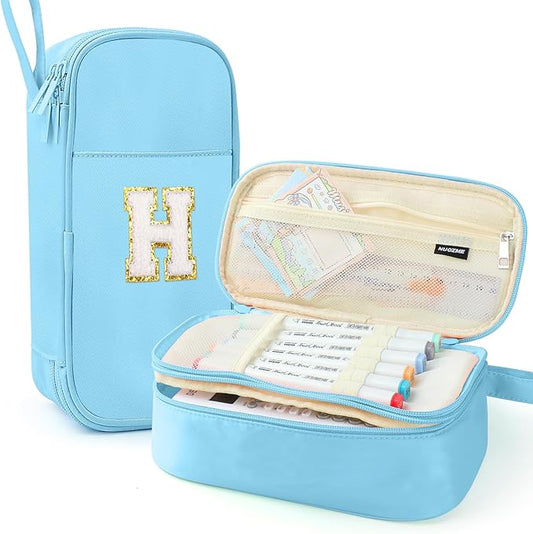 Large Pencil Case,Big Capacity Pencil Pouch,Personalized Initial Pencil Bag with smooth zipper,Multiple Pockets,Cute Aesthetic Stationery Pen Case Bag for Teen Girls College (Blue, H)