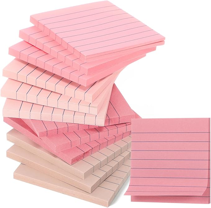 AmazingSpark 12 Pack Lined Sticky Notes 3x3 inch Post Ruled Stickies Super Self Stick Power Memo Pads Multi Colors Notes Pads Vintage Aesthetic School Office Supplies Accessories(Pink)