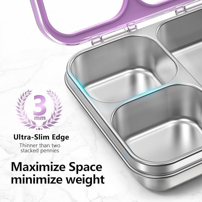 HOMEKOL Stainless Steel Bento Lunch Box, 3-Compartment Leak-Proof Metal Lunch Container for Kids & Adults, BPA-Free, Dishwasher Safe, Clear Tritan Lid, 4.2Cups/1000ml Purple (Not Insulated)