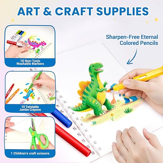 46-Piece Washable Back to School Supplies Gift Kit for Kids-Dinosaur Essential First Day Gift Set for Kindergarten & Elementary, Art Supplies & Refillable Tools, Ideal Kids Stationery Set for Boys.