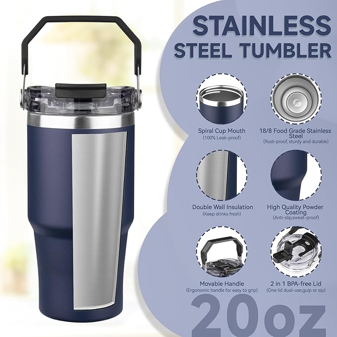 20oz Tumbler with Handle and Flip Straw Lid Double Wall Insulated Travel Coffee Mug Stainless Steel Vacuum Insulated Coffee Tumbler Cup for Hot and Cold Beverages Leak-proof&BPA-free (20oz,Navy blue)