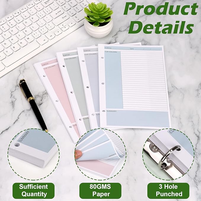 100 Sheet Half Letter Cornell Notes Loose Leaf Paper for 3 Ring Mini Binder 5.5" x 8.5" Lined Paper 9/32" Spacing Cornell Notebook Refills Taking System Filler Paper Bulk for School Office 80gsm