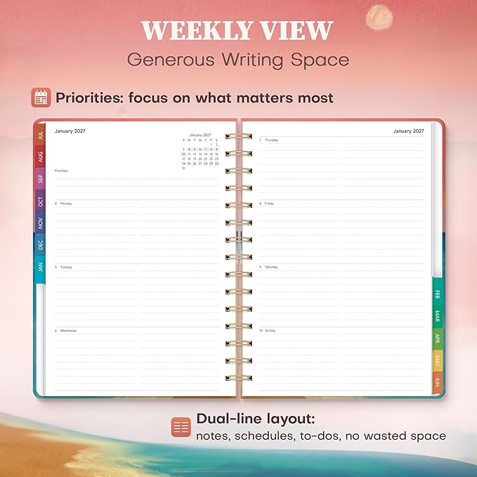 Planner 2026-2027 Monthly and Weekly Academic Planner July 2026 - June 2027, Hardcover Calendar 2026-2027 Agenda Daily Planner for Student Teacher School Office Supplies, 6" x 8.3", Sea Sunset