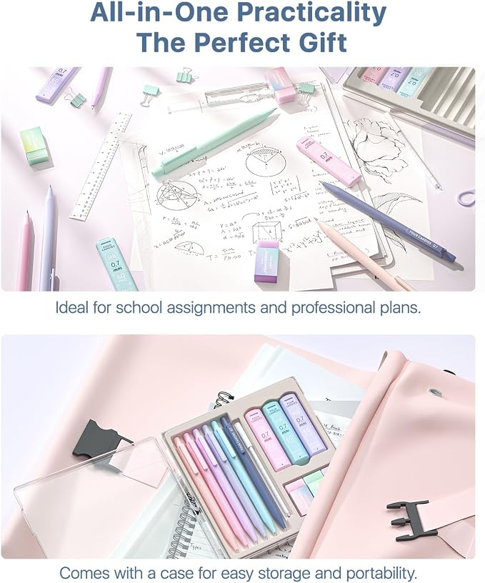 Four Candies Cute Mechanical Pencil Set, 0.9mm Bold Point, 6-Count Pack | 360 HB/2B Leads, 3 Erasers, 9 Eraser Refills, Storage Case, Pastel Barrels, Triangular Grip, for Heavy Writing & Sketch