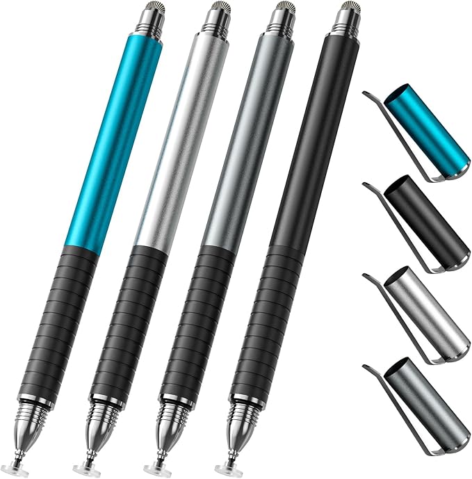 4-Pack Capacitive Stylus Pens for Touch Screens, 2-in-1 High Sensitivity Fine Point Disc & Fiber Tip Stylus with Portable Clip, Universal for iPad, iPhone, Android, Tablet & Drawing Stylist