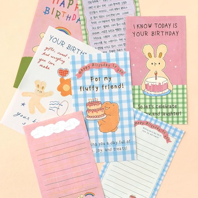 Monolike Unmatched Friends Happy Birthday Mini Letter Paper and Envelopes Set - 8Type, 32 Letter Paper + 16 Envelopes