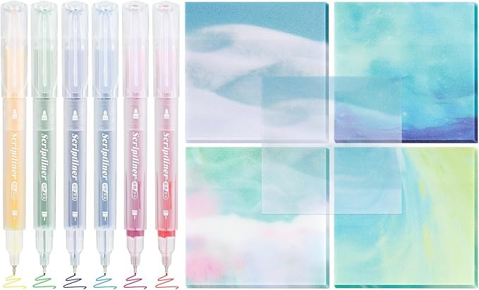BAYTORY 200 Sheets Transparent Sticky Notes, 6Pcs Double-Ended Colored Marker Pen, 3 x 3 Glitter Clear Sticky Notes, Waterproof Self-Stick Note, Easy to Post for Note Taking (Morandi)