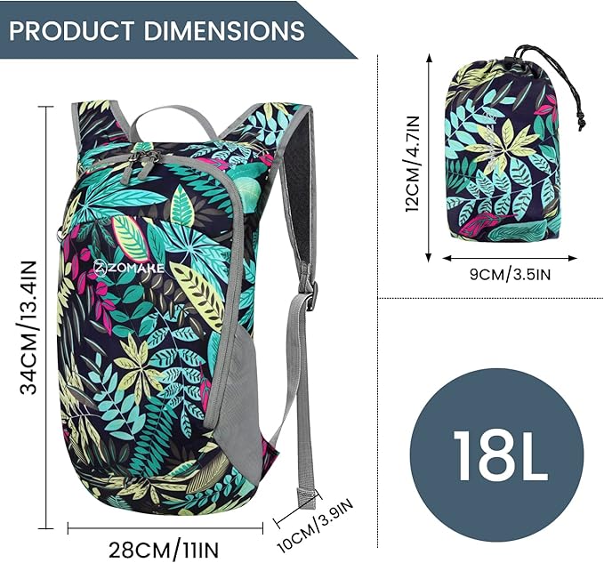 ZOMAKE Lightweight Packable Backpack, 18L Small Foldable Daypack for Hiking | Water Resistant Collapsible Backpacks for Women Men, Everyday Carry, Multi Compartment Storage(Mixed Color Leaves)
