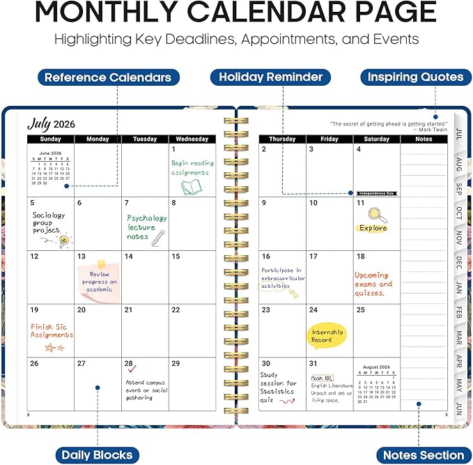 Planner 2026–2027, Academic Monthly Weekly Spiral Calendar, July 2026 – June 2027, Hardcover Agenda Notebook with Tabs, 6.3" x 8.5", Perfect for Students, Teachers, School & Daily Planning - Pelagic Petalia