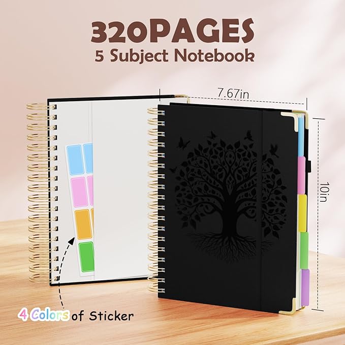 QIYVLOS Hardcover Spiral Notebook, B5 Journal with Removable Dividers Tabs, 5 Subject Notebook College Ruled, 320 Pages 8"x10" Leather Notebooks for Work School Study, Lined Journal for Women, Black