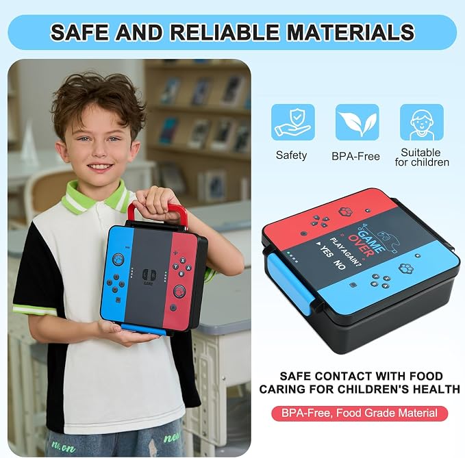 Gamer Bento Lunch Box for Kids, 60 OZ Kids Lunch Box with 8 OZ Leakproof Stainless Steel Insulated Food Jar, 3-4 Compartments Bento Box for School, Includes Sauce Cup & Divider (Red-Blue-PLAYAGAIN)