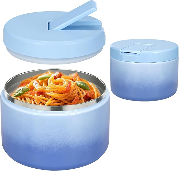 Pawtong 12oz Insulated Vacuum Food Jar with Buckle Lid Wide Mouth Soup Thermo for Hot Food Kids Leakproof Stainless Steel Lunch Container (Gradient Blue, 12OZ)