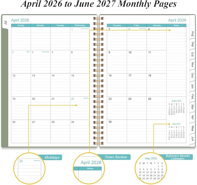 2026-2027 Daily & Monthly Planner - One Page Per Day, Daily Planner 2026 from July 2026 to June 2027, Planner 2026-2027 with 12 Monthly Tabs, 6.4" x 8.5", Green