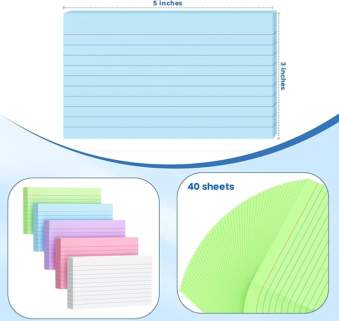 250 Count Colored Index Cards 3x5 Inch 180gsm Heavy Weight Flash Card (50 Sheets Each), Note Taking for Students, Teachers, Professionals, Study Note Cards for Office Home School